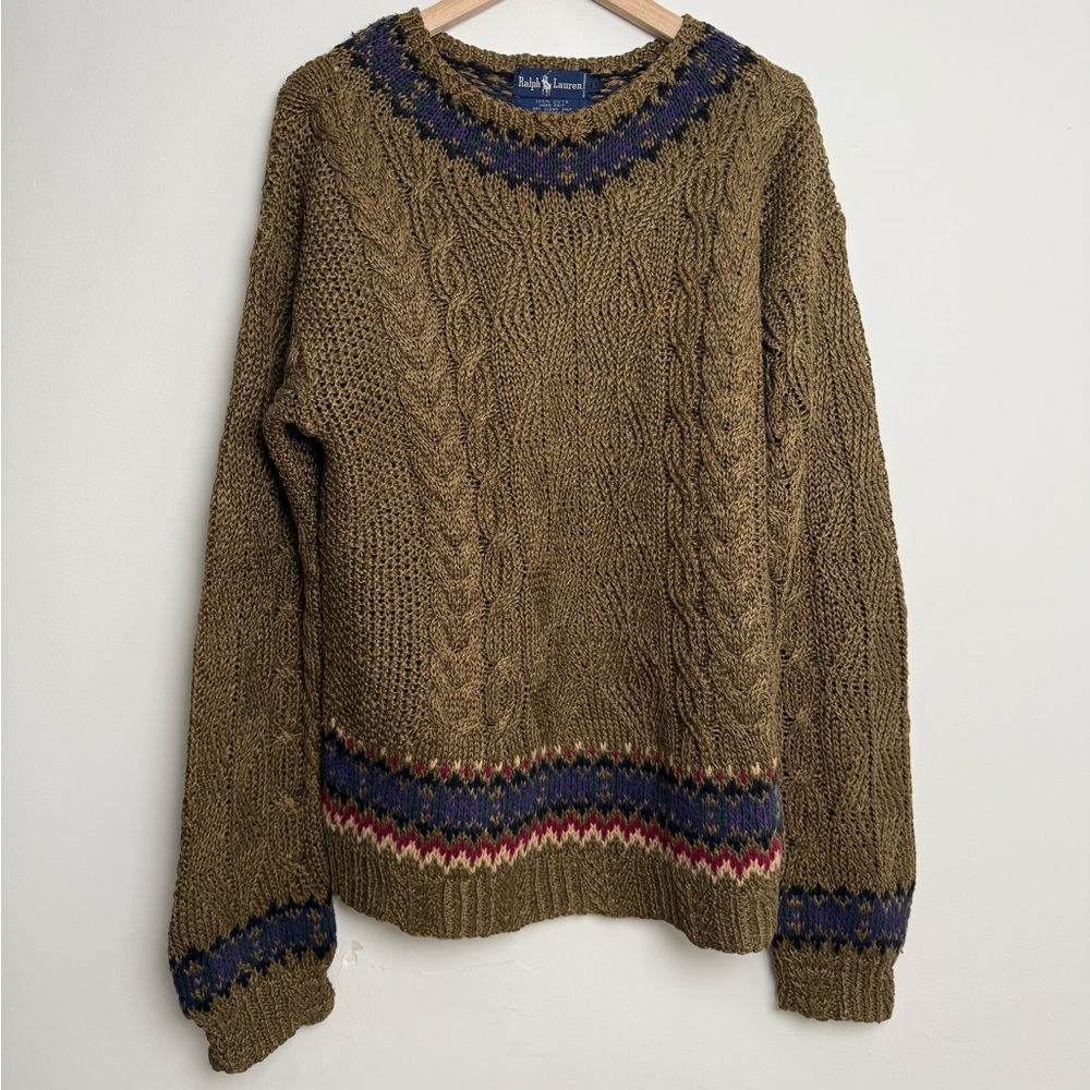 Rare Ralph Lauren Hand-Knit Jute Cable Sweater – Tribal Stripe – Size L